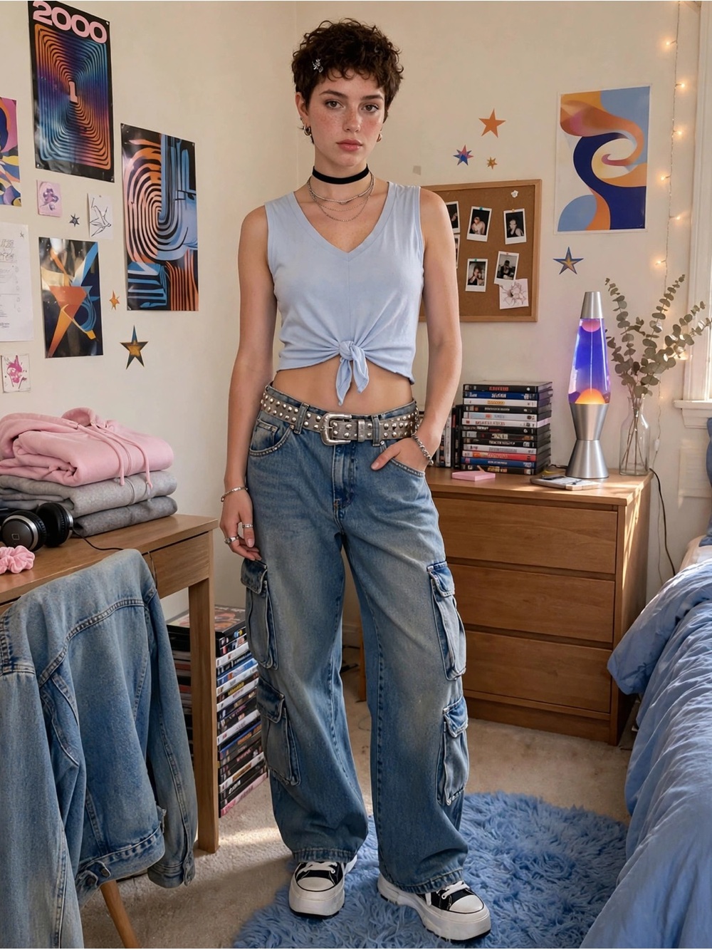 VTG Y2K Forever 21 Sleeveless Light Blue Tie Hem Crop Top Size Small